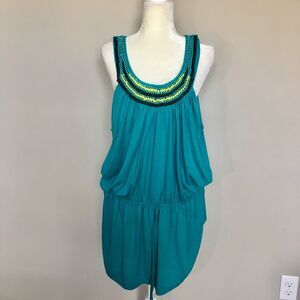 Gold Flava Size 28 Super Plus Aqua Blue Loose Tank Top Beaded Neck Drawstring
